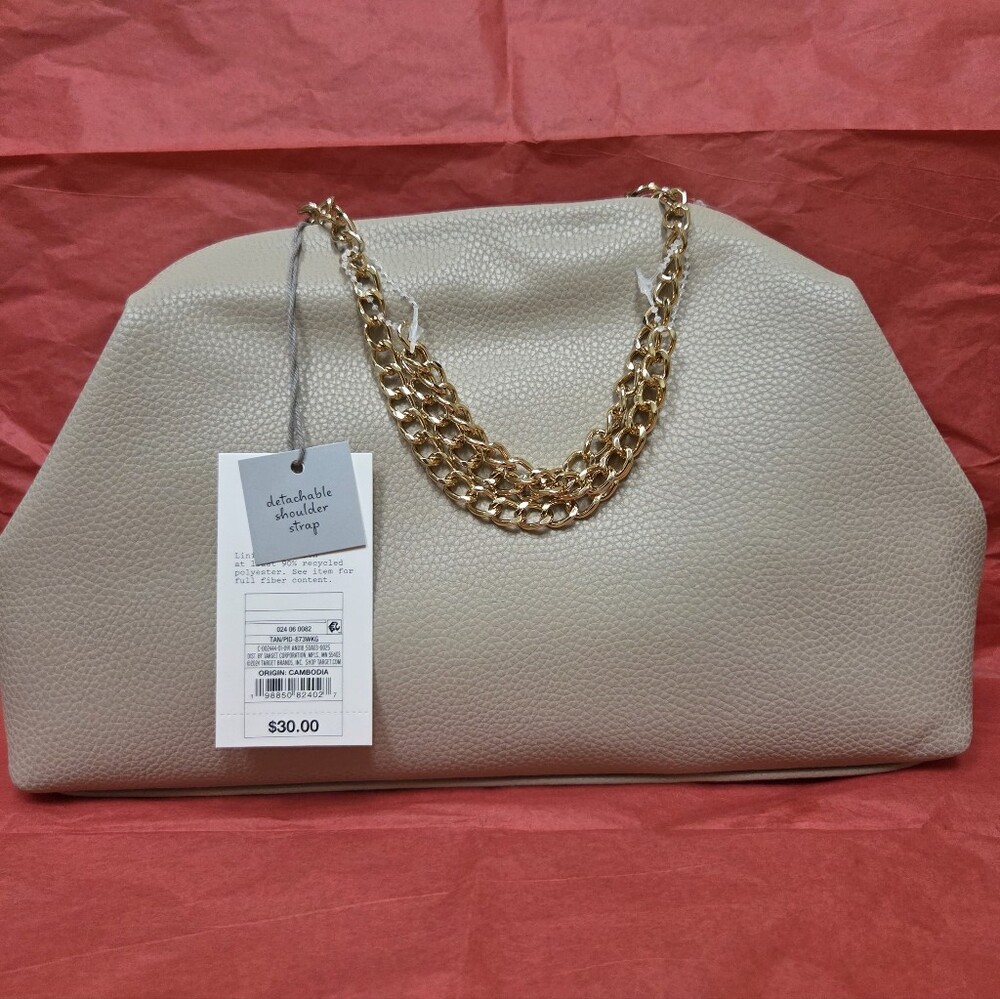 A New Day- Beige Pebble Clutch with Gold Chain